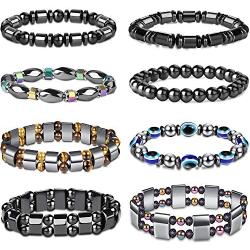 FIBO STEEL 8Pcs Hematite Bead Bracelets for Men Women 8mm Tiger Eye Stone Beads Bracelet Elastic Natural Magnetic Stone Bracelet Set