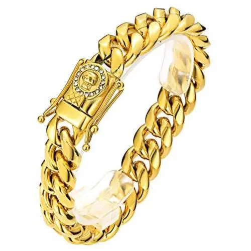 ROWIN&CO Mens Chain 18K Gold Stainless Steel Big Heavy Cuban Link Necklace/Bracelet Hip hop Jewelry with CZ Diamond Skull Chain Choker, 15mm Width, 8-35 Inch Lengths, (with Gift Box)