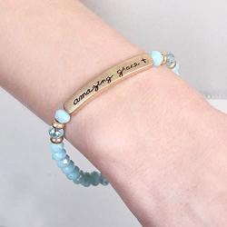 Inspiration Engraved Bar Sparkly Crystal Bead Bracelet - Religious Christian Message Stretch Strand Cuff Bangle Lord, Amazing Grace, Philippians Bible