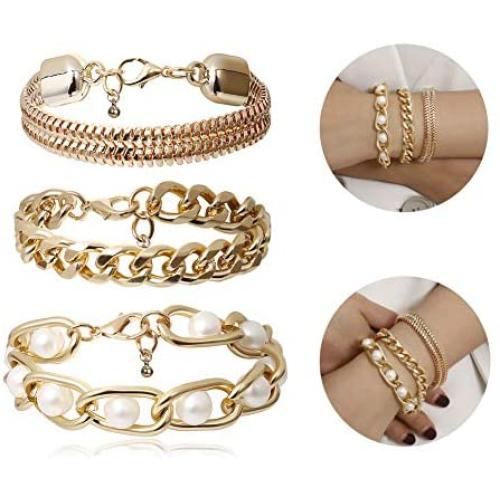 3Pcs Gold Plated Chain Bracelet Pearl Bracelet Set for Women Teen Girls