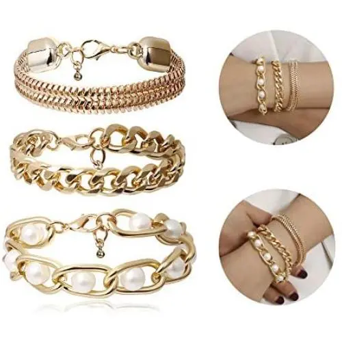 3Pcs Gold Plated Chain Bracelet Pearl Bracelet Set for Women Teen Girls 3Pcs Gold Plated Chain Bracelet Pearl Bracelet Set for Women Teen Girls