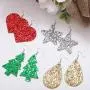URATOT 12 Pairs Christmas Glitter Faux Leather Earrings for Women Girls Christmas Tree Star Drop Earrings Teardrop Long Dangle Earrings with Red Velvet Storage Bag for Xmas Jewelry Accessory