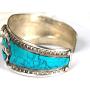 Blue Stabilized Turquoise Argentium Plated Stainless Steel & Ornate Alloy Band Adjustable Cuff Bracelet | Nepal Jewelry