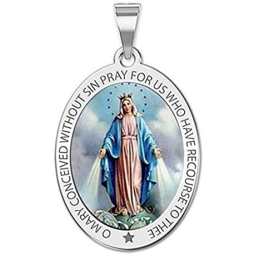 PicturesOnGold.com Miraculous Medal Necklace Color Oval Pendant - Available in Solid 14K Yellow or White Gold, or Sterling Silver