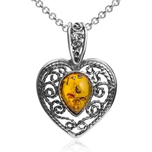 Sterling Silver Amber Heart Necklace 18 Inches Sterling Silver Amber Heart Necklace 18 Inches