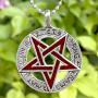 Celtic Pagan Wiccan Jewelry Tetragrammaton Inverted Pentagram Star Pentacle Red Mens Pendant Necklace Protection Amulet Money Wealth Lucky Charm Safe Travel Wicca Magic Talisman w Silver Ball Chain
