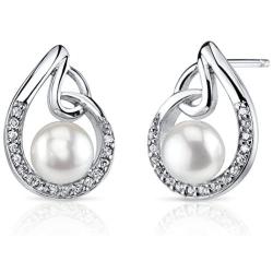 Peora Freshwater Cultured White Pearl Teardrop Knot Earrings in Sterling Silver, 6.50mm Round Button Shape, Friction Backs