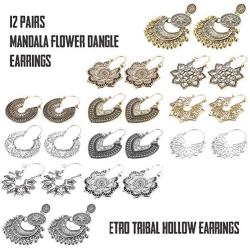 Subiceto 12 Pairs Vintage Mandala Flower Gypsy Drop Dangle Statement Earrings for Women Boho Retro Tribal Hollow Earrings Jewelry Set
