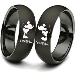 XAHH His and Hers Matching Set Couple Titanium Steel Rings Mickey Mouse Kiss Forever Together Promise Wedding Band Black【Please Buy Two Rings for one Pair】