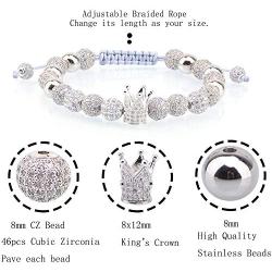 LPBeads Luxury CZ Imperial Crown Braided Copper Bracelets with 8mm Micro Pave Cubic Zirconia Beads Pulseira Bangle Charm Jewelry for Women Men