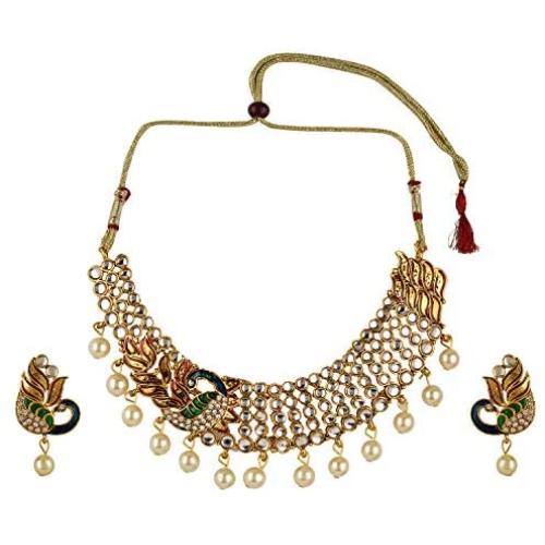 Efulgenz Indian Bollywood Traditional 14 K Gold Plated Crystal Pearl Peacock Wedding Choker Necklace Earrings Jewelry Set