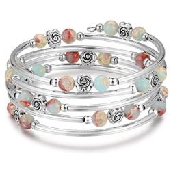 BULINLIN Wrap Bangle Rose Bead Bracelet - Beaded Bracelet with Natural Agate Stone Gifts for Women