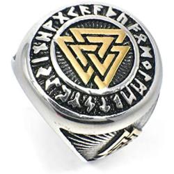 Gungneer 18K Gold Plated Viking Valknut Rune Letter Circle Stainless Steel Ring Men Women Norse Protection Jewelry
