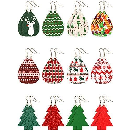 12 pairs Christmas Faux Leather Earrings for Women Girls Christmas tree Earring Teardrop Dangle Earrings Petal Drop Earrings Jewelry