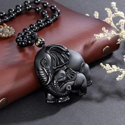 Jovivi Hand Carved Mother Elephant Natural Black Obsidian Necklace Healing Crystal Gemstone Necklaces Pendant Protection Lucky Amulet Charm Adjustable Braided Rope Mothers Day Gifts