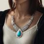 Fstrend Boho Necklace Earring Set Silver Turquoise Pendant Chain Hollow Statement Necklaces Jewelry for Women and Girls