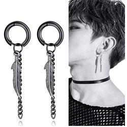 Men Feather Hoop Earrings Tassel Dangle Chain Punk Ear Studs Stainless Steel Silver Piercing Jewelry