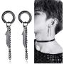 Men Feather Hoop Earrings Tassel Dangle Chain Punk Ear Studs Stainless Steel Silver Piercing Jewelry