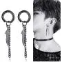 Men Feather Hoop Earrings Tassel Dangle Chain Punk Ear Studs Stainless Steel Silver Piercing Jewelry Men Feather Hoop Earrings Tassel Dangle Chain Punk Ear Studs Stainless Steel Silver Piercing Jewelry