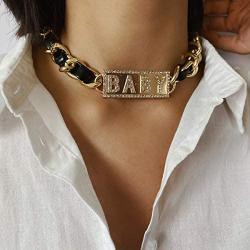 Salircon Black Leather Collar Chain Choker Necklace Gold Chunky Chain Goth Statement Power Girl Pendant for Women Girl