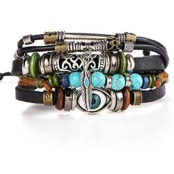 Boho National Stone Feather Multilayer Leather Bracelet Evil Eye Charms Turquoises Beads Bracelets for Men Vintage Punk Wrap Wristband Owl Bird Bracelet