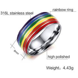 MINO Fashion Titanium Steel Silver Gold Rings Soft Enamel Rainbow Color Wedding Band for Lesbian& Gay