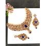 Crunchy Fashion Indian Bollywood Traditional Floral Theme White Rhinestone and Blue Faux Sapphire Bridal Designer Jewelry Necklace Set for Women / Girls