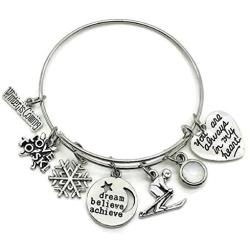 Kits Kiss Skiing Bracelet, Skiing Jewelry, Skier Bracelet, I Love to Ski Bracelet, Skier Charm, Snowflake Charm, Dream Believe Achieve Charm, Gift for Skier, Sports Bracelet, Skiing Bangle Bracelet