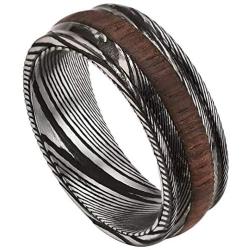 DOUX Mens Damascus Steel Wedding Ring 8mm Band Inlaid with Black Wood Comfort Fit