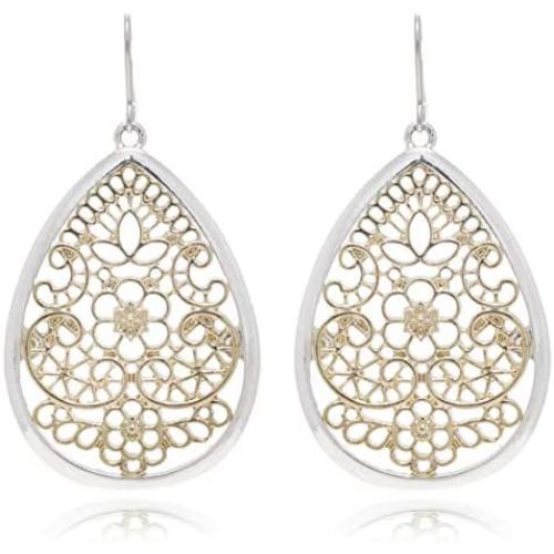 Bohemian Gold & Silver Two Tone Floral Filigree Big Tear Drop Earrings