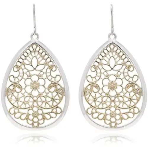 Bohemian Gold & Silver Two Tone Floral Filigree Big Tear Drop Earrings Bohemian Gold & Silver Two Tone Floral Filigree Big Tear Drop Earrings