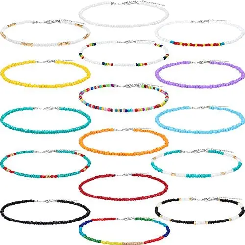 16 Pieces Seed Bead Choker Necklace Tiny Beaded Choker Boho Colorful Rainbow Choker Necklace Chain Jewelry for Women and Girls, Adjustable 12-16 Inches 16 Pieces Seed Bead Choker Necklace Tiny Beaded Choker Boho Colorful Rainbow Choker Necklace Chain Jewelry for Women and Girls, Adjustable 12-16 Inches