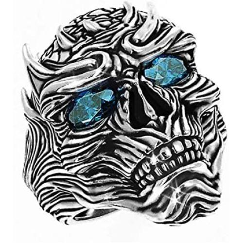 Demon Skull Ring for Men, Cool Devil Ring Halloween Biker, Gothic Blue Eye Skull Ring, Alien Skull Cocktail Party Ring, Vintage Punk Jewelry Gift for Men Boys
