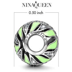 NINAQUEEN Valentines Day Charms Gifts Feather 925 Sterling Silver Green Bead Charms for Bracelet and Necklace, Special Gifts for Her
