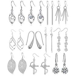 CARSHIER 11 Pairs Classic Silver Plated Dangle Drop Earrings for Women Simple Double Twist Long Thread Leaf Vertical Bar Christmas Fashion Earring Jewelry Gifts