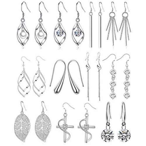 CARSHIER 11 Pairs Classic Silver Plated Dangle Drop Earrings for Women Simple Double Twist Long Thread Leaf Vertical Bar Christmas Fashion Earring Jewelry Gifts
