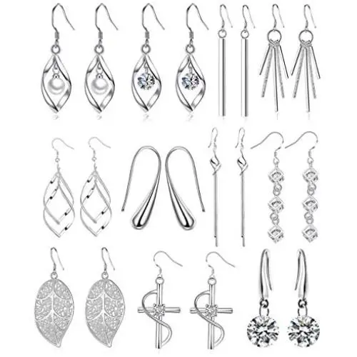 CARSHIER 11 Pairs Classic Silver Plated Dangle Drop Earrings for Women Simple Double Twist Long Thread Leaf Vertical Bar Christmas Fashion Earring Jewelry Gifts
