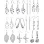 CARSHIER 11 Pairs Classic Silver Plated Dangle Drop Earrings for Women Simple Double Twist Long Thread Leaf Vertical Bar Christmas Fashion Earring Jewelry Gifts