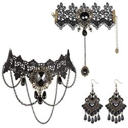 ORAZIO Halloween Necklace Bracelet Earrings for Women Black Lace Lolita Steampunk Vampire Victorian Gothic Costume Jewelry Set