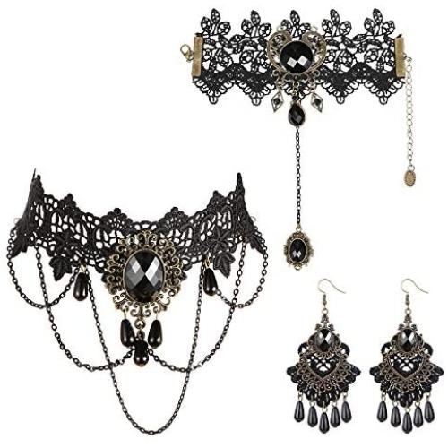 ORAZIO Halloween Necklace Bracelet Earrings for Women Black Lace Lolita Steampunk Vampire Victorian Gothic Costume Jewelry Set