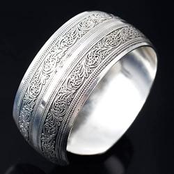 BODYA Tibeten Silver Carved Spiral Flower Connecting Branches Pattern Wide Band Open Cuff Bracelet Bangle