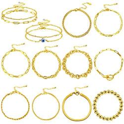 Hicarer 12 Pieces Gold Chain Bracelets Set for Women Adjustable Paperclip Link Beaded Italian Chunky Flat Cable Chain Bracelets Jewelry for Women Girls