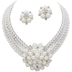 Chunky Women Elegant Statement White Pearl Cluster Crystal Bridal Silver Chain Necklace Set CLIP ON Earrings
