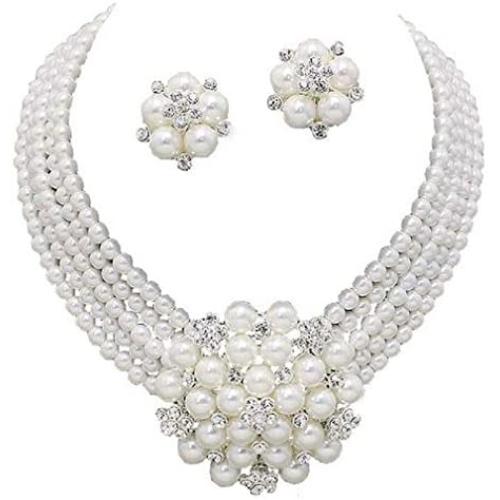 Chunky Women Elegant Statement White Pearl Cluster Crystal Bridal Silver Chain Necklace Set CLIP ON Earrings