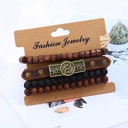 Tikkii 4-Pack Yin Yang Bracelet Set Taoist Symbol Tai Chi Wristbands Cowhide Leather Wooden Beads Jewelry for Men Women