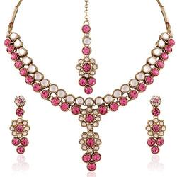 I Jewels Traditional Gold Plated Elegantly Handcrafted Kundan Jewellery Set with Maang Tikka for Women IJ269Q (Rani/Dark Pink)