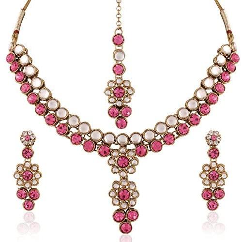 I Jewels Traditional Gold Plated Elegantly Handcrafted Kundan Jewellery Set with Maang Tikka for Women IJ269Q (Rani/Dark Pink)