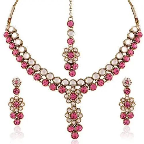 I Jewels Traditional Gold Plated Elegantly Handcrafted Kundan Jewellery Set with Maang Tikka for Women IJ269Q (Rani/Dark Pink)