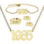 MeMeDIY 4 Pieces Birth Year Number Necklace/Bracelet/Earrings/Ring Jewelry Set for Women Girls Friend, Stainless Steel 18K Gold Plated Birthstone Pendant Friendship Birthday Gift