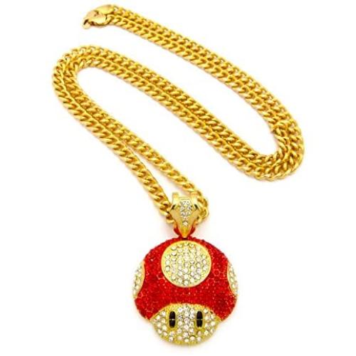 Bitter Sweet Store Mushroom Face Pendant Mens Iced Out Hip Hop Cuban Link 30'' Chain Necklace Red Gold